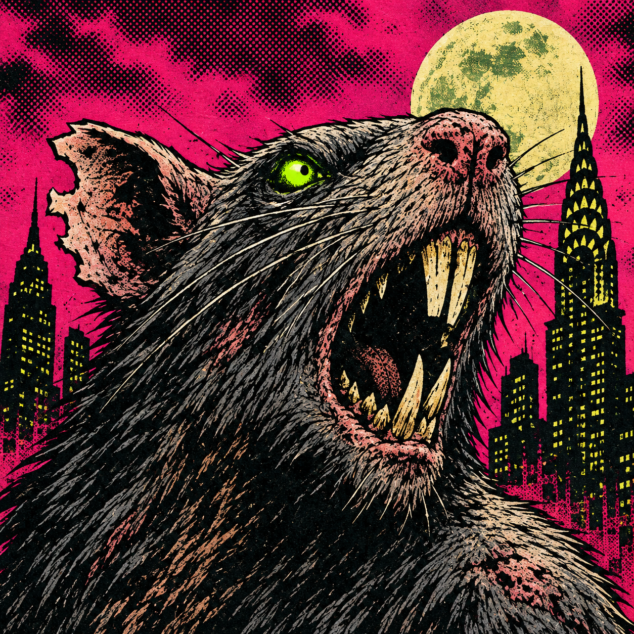 City Rat’s snarling street rat under a pink New York sky