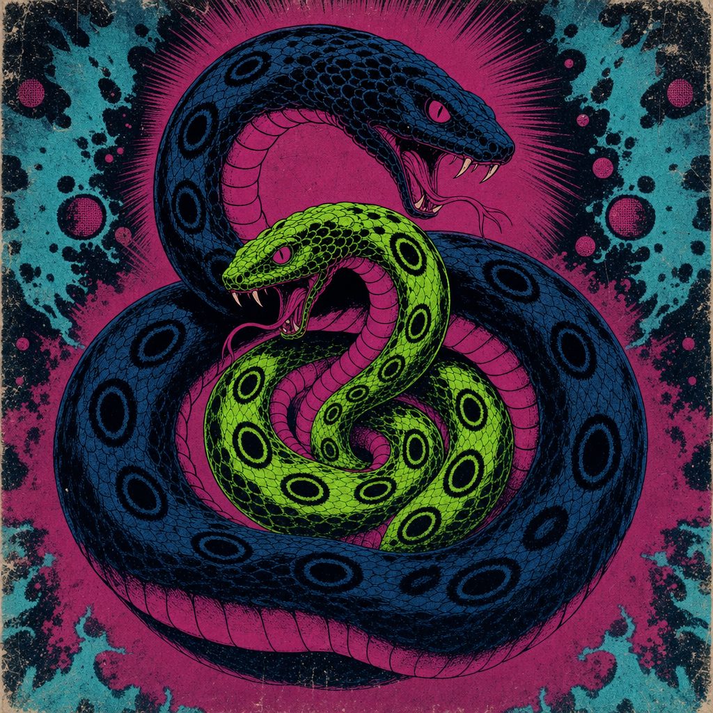 Two snakes, one long and dark, one short and bright