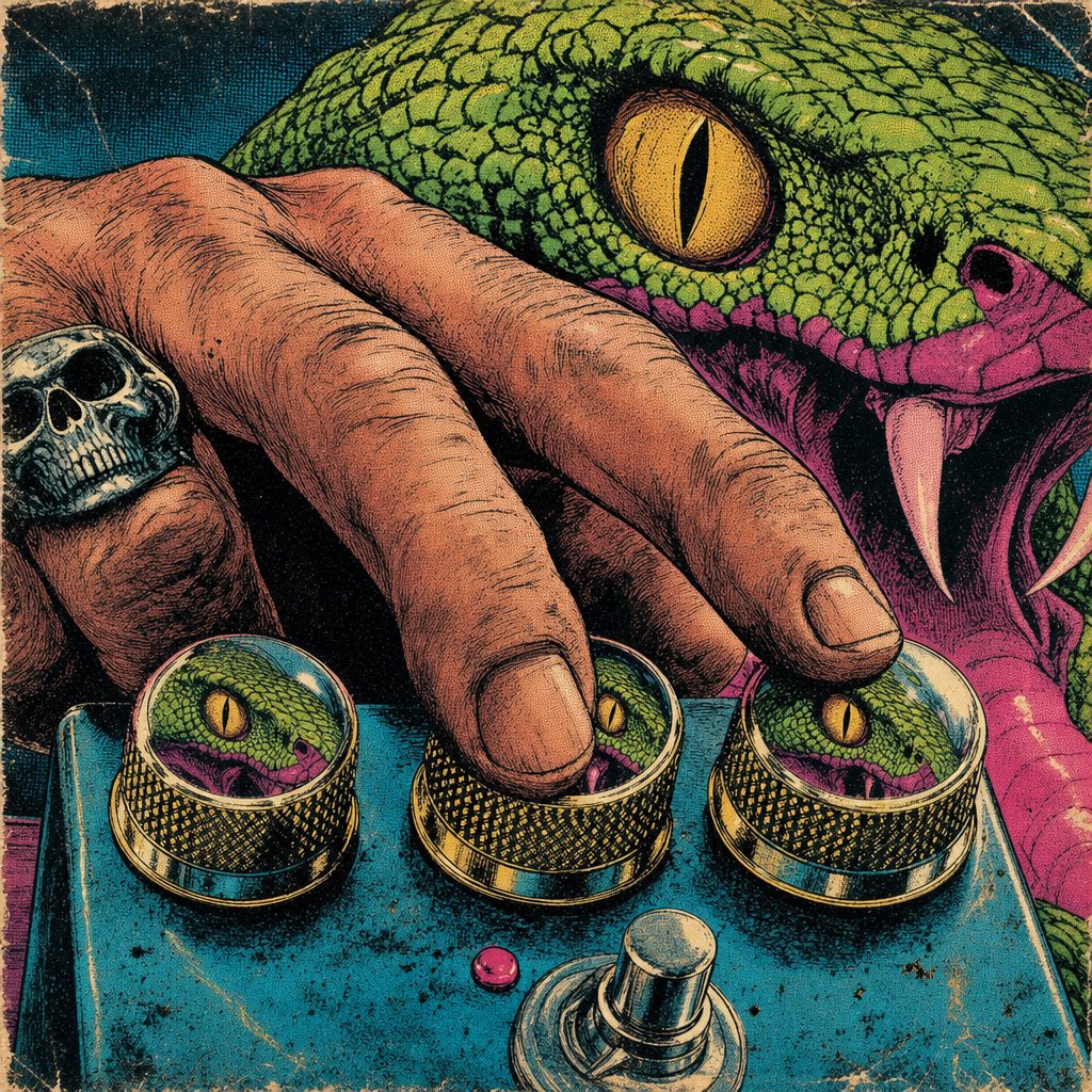 A hand on the pedal's three knobs, the serpent's eye reflected
