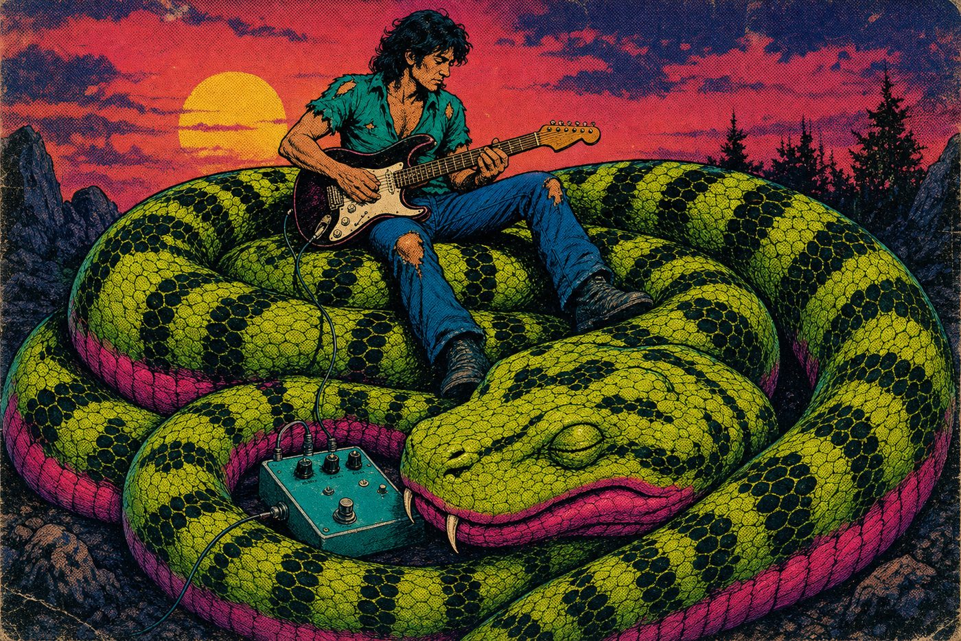The serpent coiled peacefully around the pedal