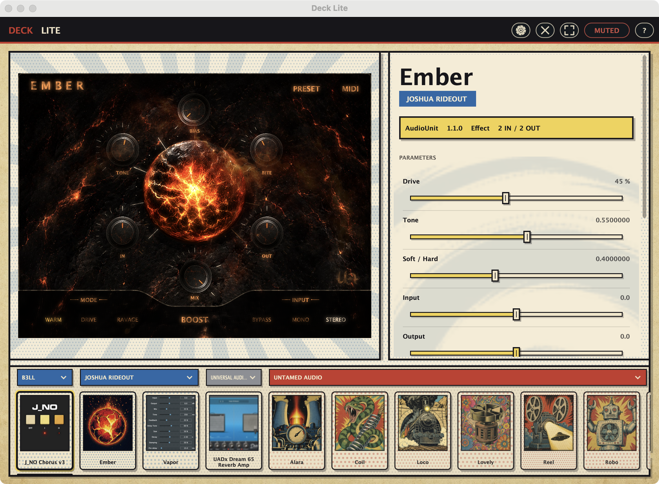 Deck Lite hosting Ember, with the plugin controls beside its editor and a row of plugin cards below