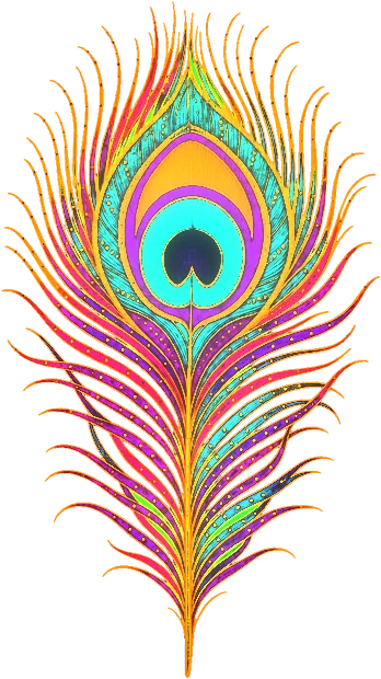A painted peacock feather under a blacklight