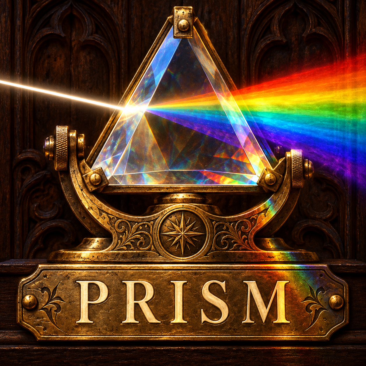 PRISM, an antique brass prism glowing with rainbow light
