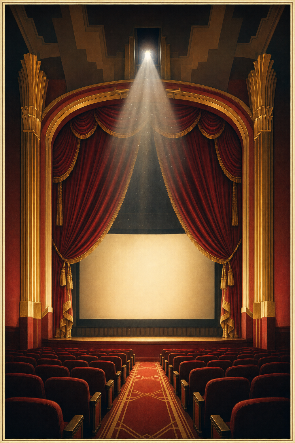 Crimson curtains parting on a beam of projector light in a movie palace