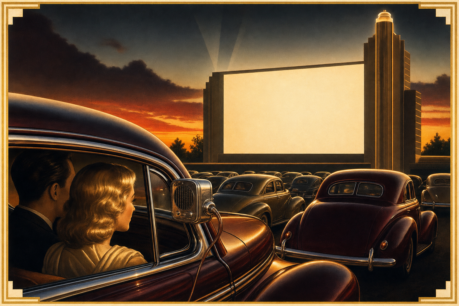 A drive-in theatre at dusk with a window speaker on a car door