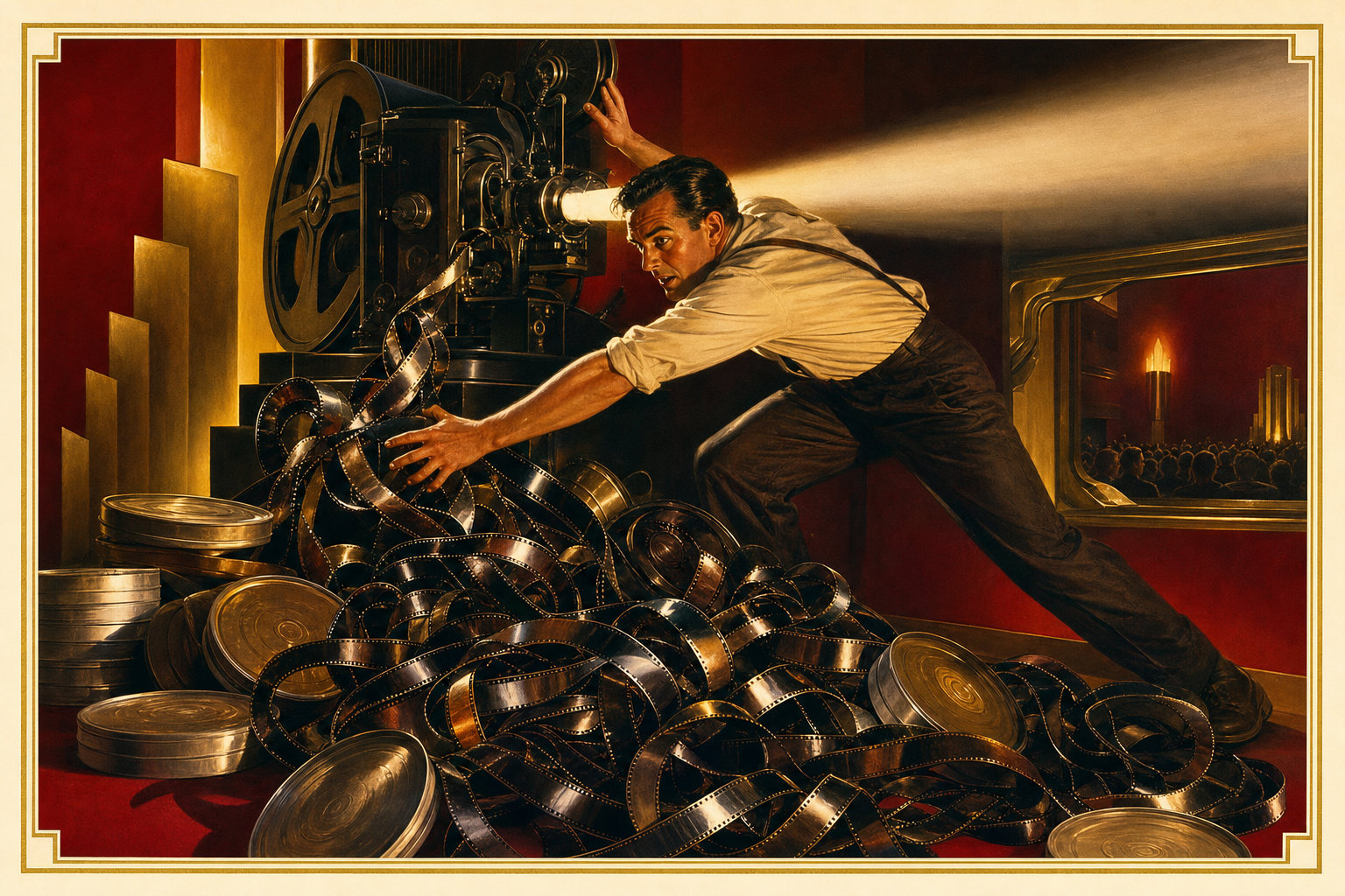 Film spilling off a projector while the projectionist lunges for it