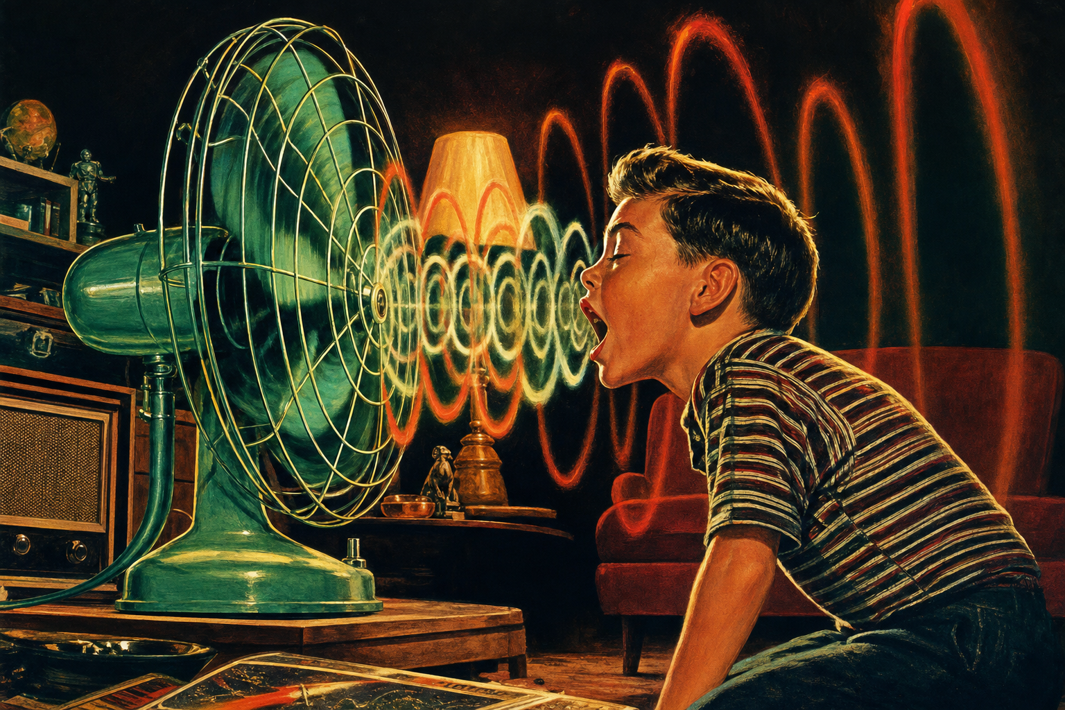 A boy sings into a spinning box fan