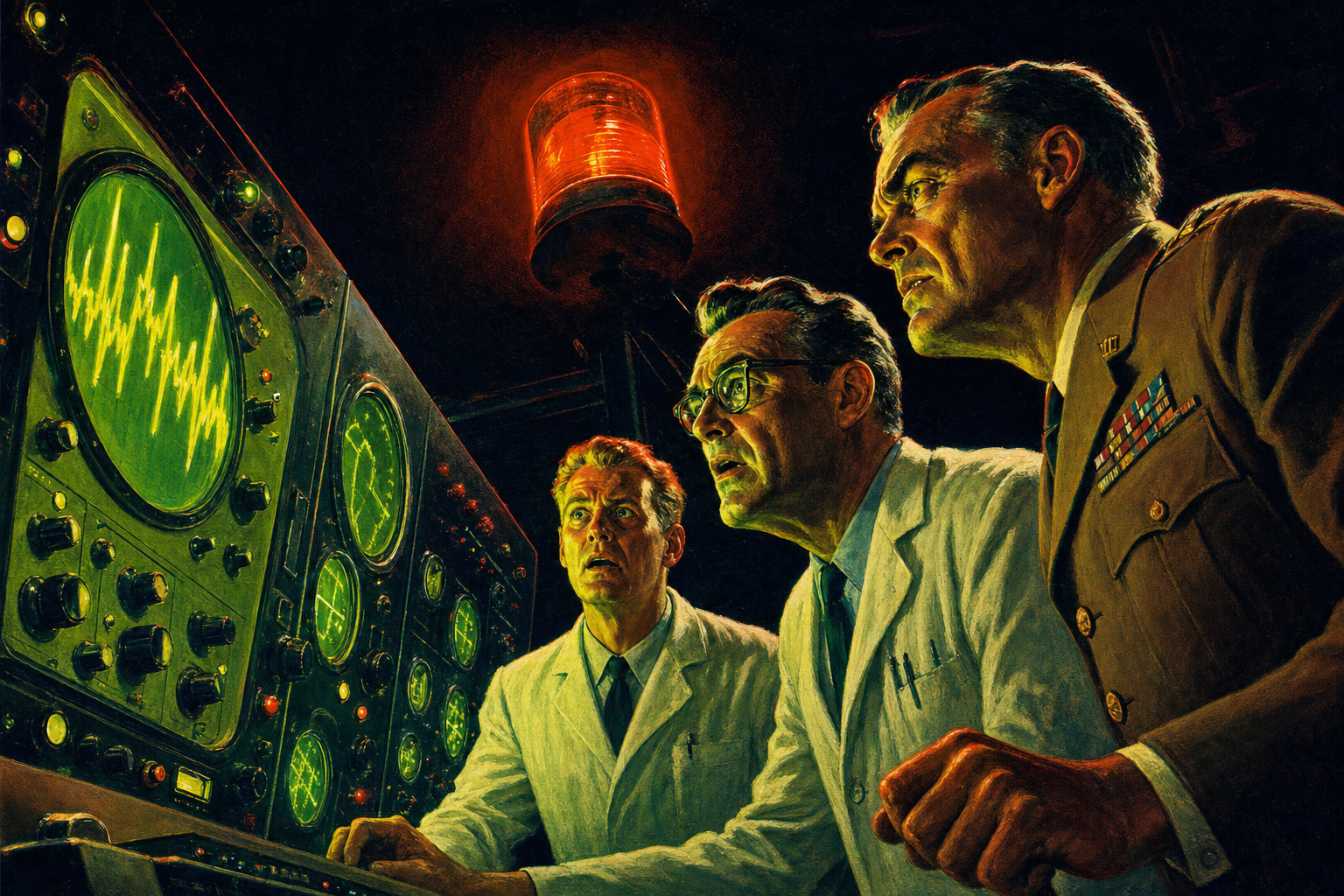 Scientists watch a chopped waveform on an oscilloscope