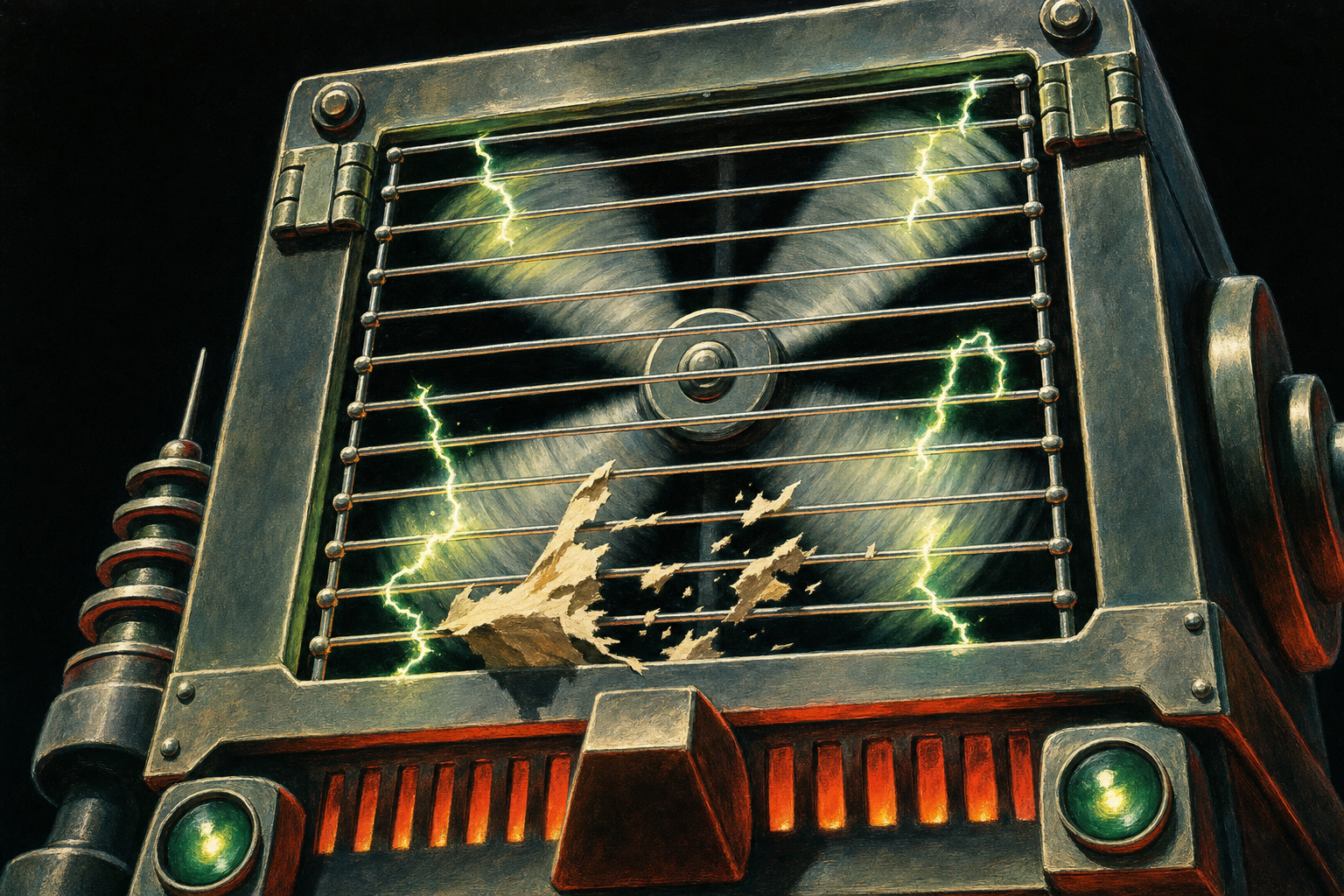 Close-up of the robot's fan face with arcs of electricity