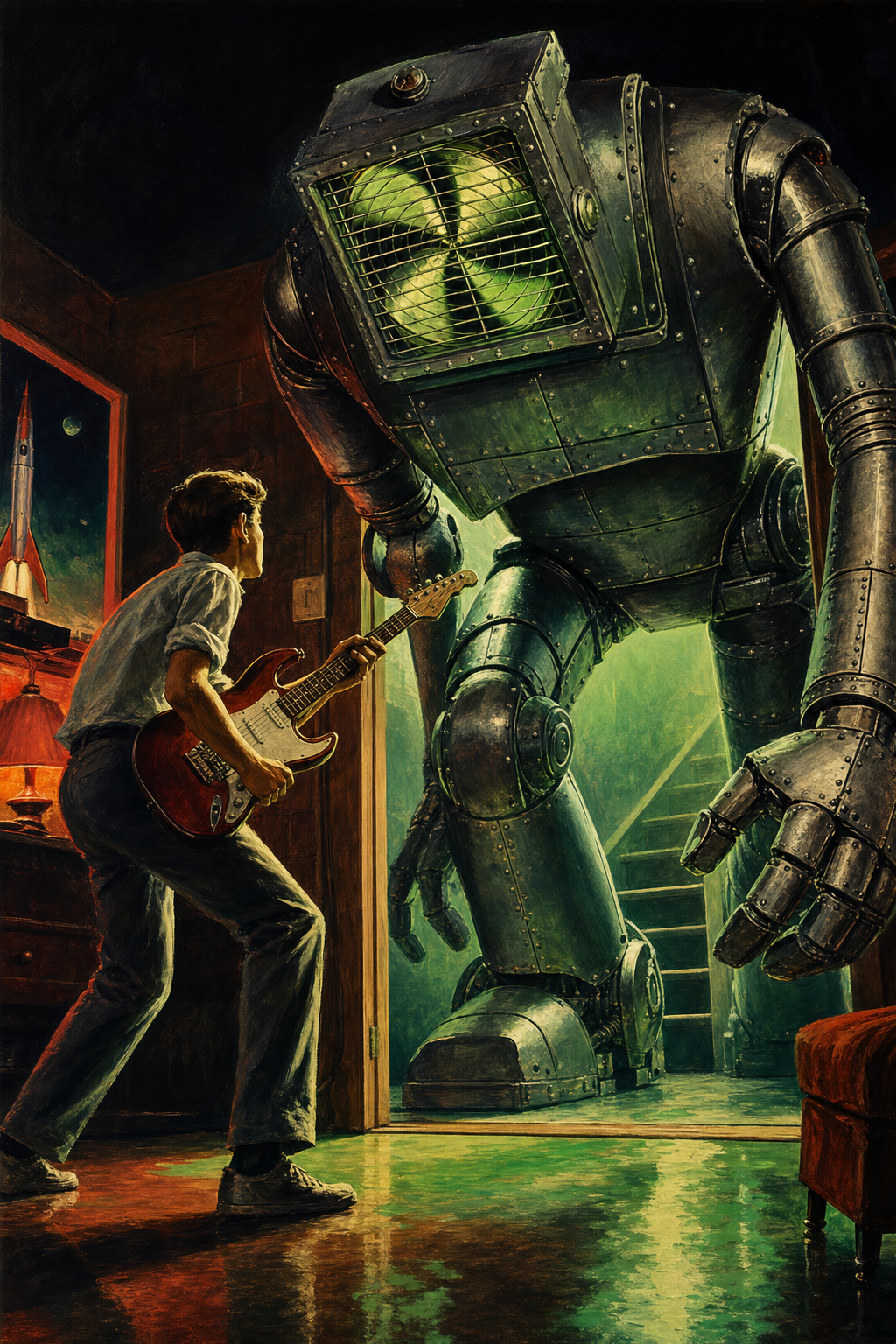 A steel robot with a caged fan for a face stooping through a basement doorway