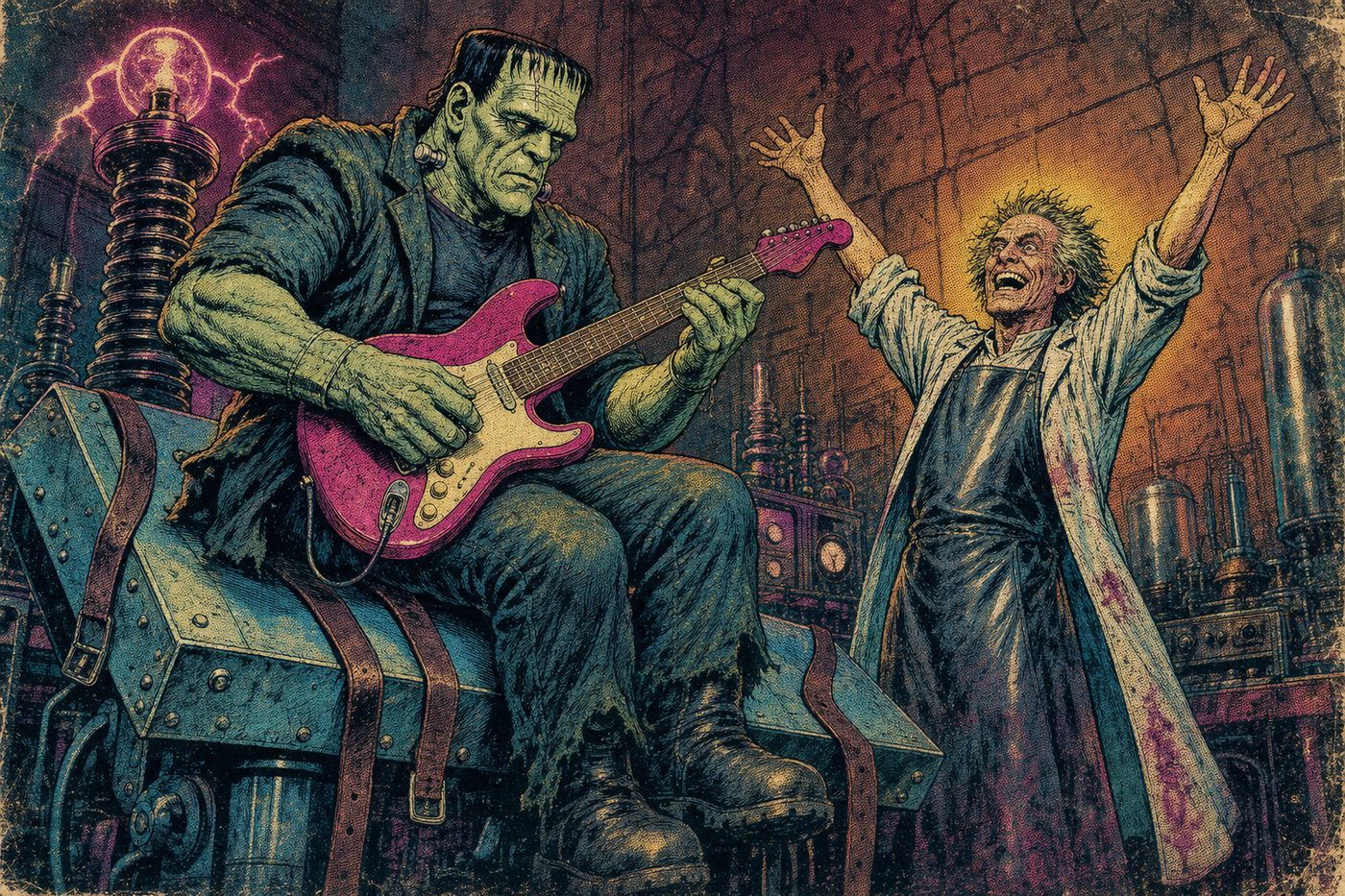 The creature sits up with an electric guitar